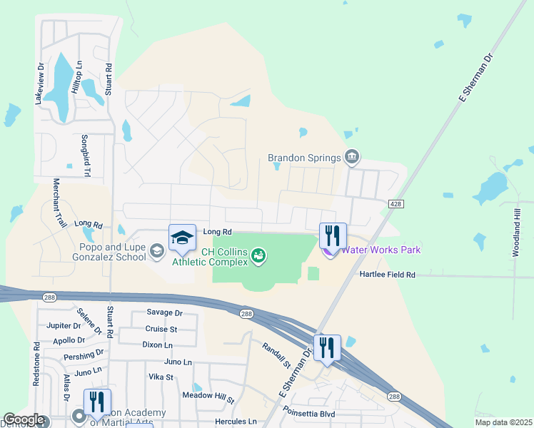 map of restaurants, bars, coffee shops, grocery stores, and more near 1504 Long Road in Denton