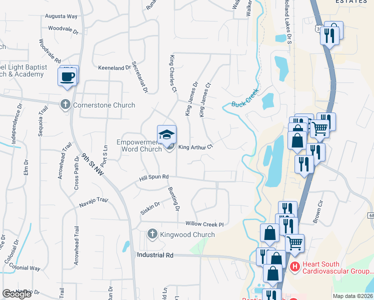 map of restaurants, bars, coffee shops, grocery stores, and more near 109 Hill Street in Alabaster