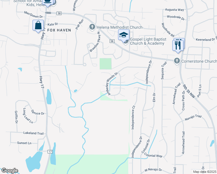 map of restaurants, bars, coffee shops, grocery stores, and more near 1209 Amberley Woods Drive in Helena