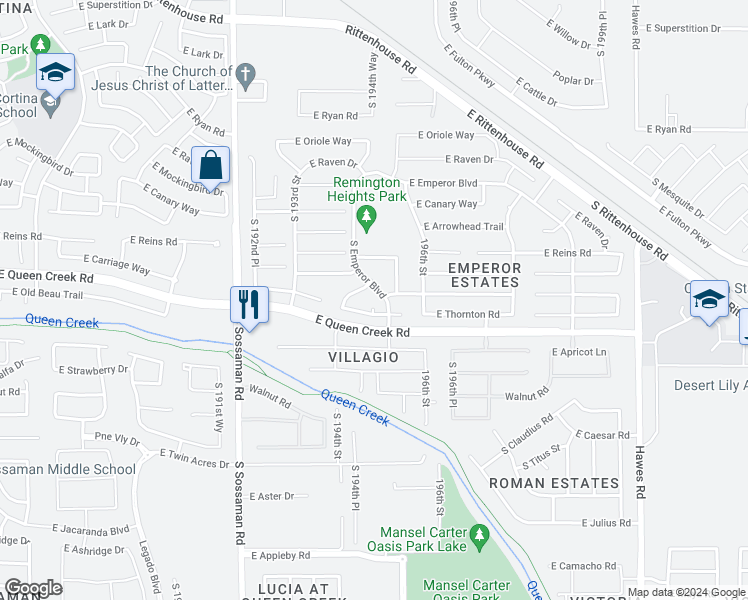 map of restaurants, bars, coffee shops, grocery stores, and more near 19462 East Thornton Road in Queen Creek