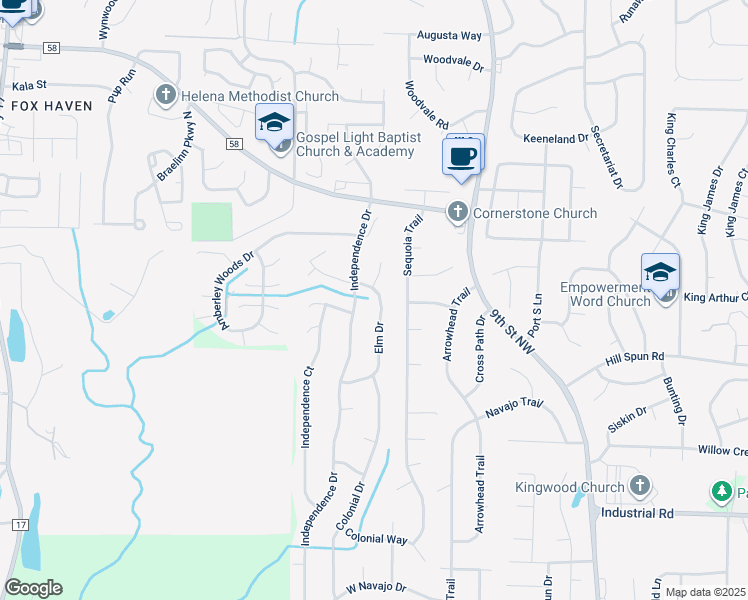 map of restaurants, bars, coffee shops, grocery stores, and more near 1121 Elm Drive in Alabaster