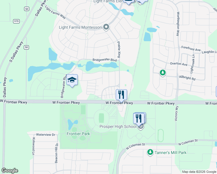 map of restaurants, bars, coffee shops, grocery stores, and more near 4520 Prairie Crossing in Prosper