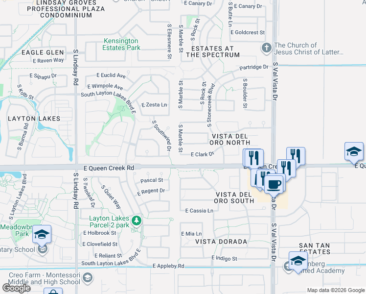 map of restaurants, bars, coffee shops, grocery stores, and more near 1236 Clark Drive in Gilbert