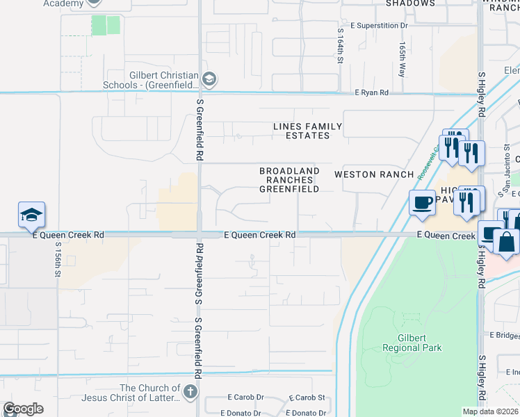 map of restaurants, bars, coffee shops, grocery stores, and more near 16201-16241 East Queen Creek Road in Gilbert