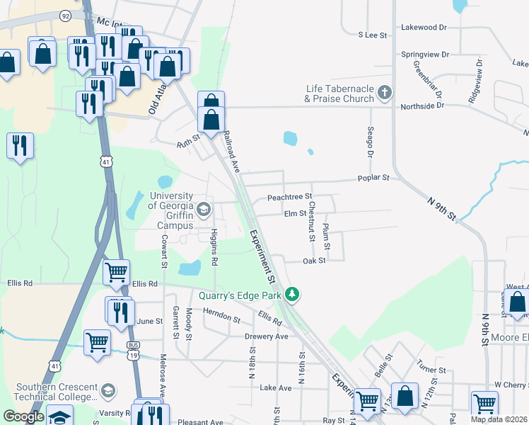 map of restaurants, bars, coffee shops, grocery stores, and more near 65 Elm Street in Griffin