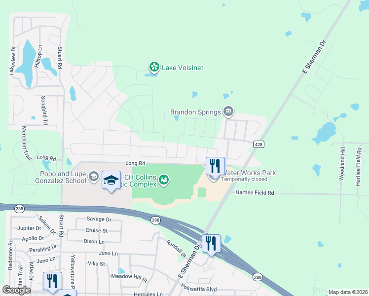 map of restaurants, bars, coffee shops, grocery stores, and more near 2400 Long Road in Denton