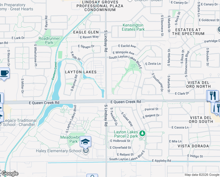 map of restaurants, bars, coffee shops, grocery stores, and more near 4736 South Twinleaf Drive in Gilbert
