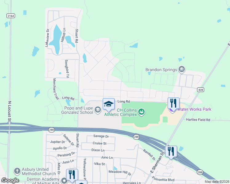 map of restaurants, bars, coffee shops, grocery stores, and more near 1504 Long Road in Denton