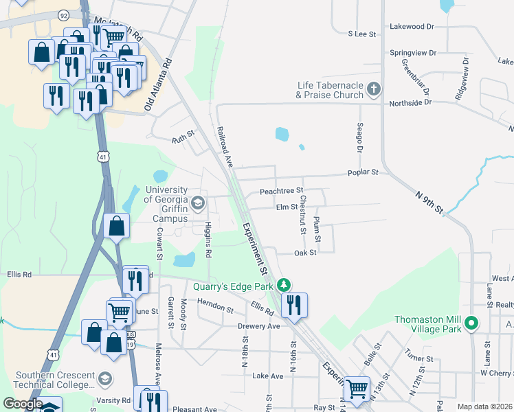 map of restaurants, bars, coffee shops, grocery stores, and more near 65 Elm Street in Griffin