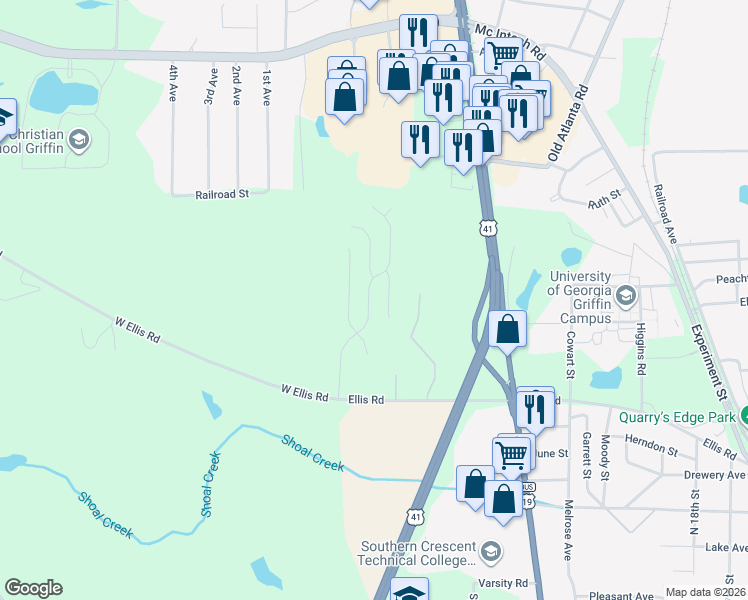 map of restaurants, bars, coffee shops, grocery stores, and more near 107 Crystal Brook in Griffin