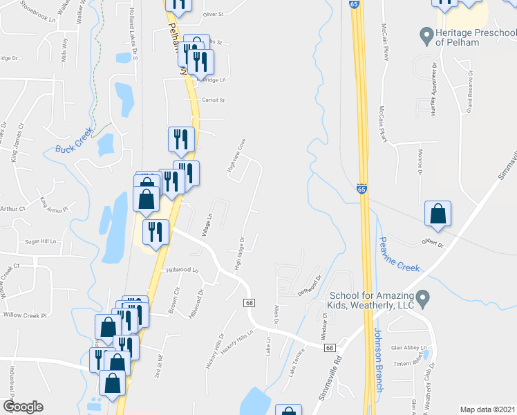 map of restaurants, bars, coffee shops, grocery stores, and more near 303 High Ridge Court in Pelham