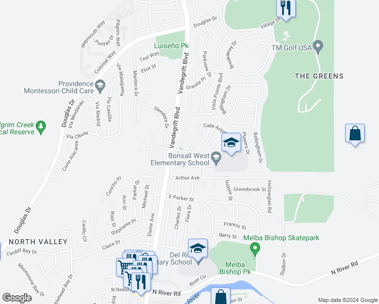 map of restaurants, bars, coffee shops, grocery stores, and more near Castellano Way & El Caballo Drive in Oceanside