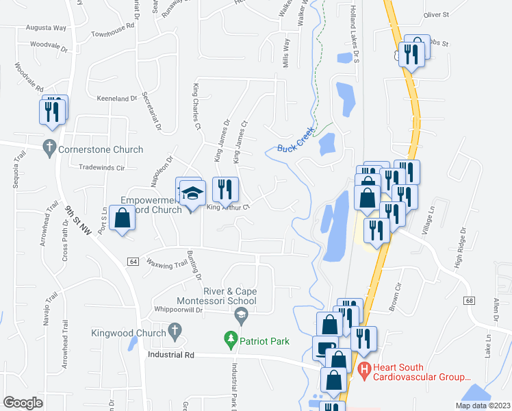 map of restaurants, bars, coffee shops, grocery stores, and more near 1171 King Arthur Court in Alabaster