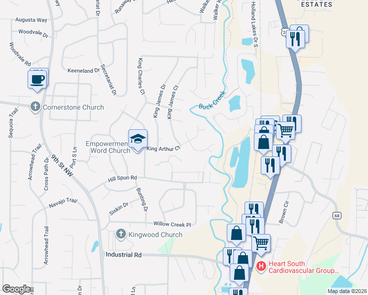 map of restaurants, bars, coffee shops, grocery stores, and more near 110 Hill Street in Alabaster