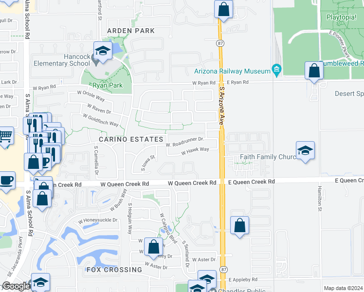 map of restaurants, bars, coffee shops, grocery stores, and more near 231 West Roadrunner Drive in Chandler