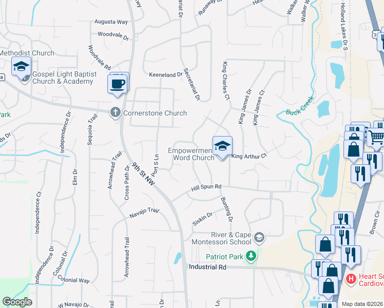 map of restaurants, bars, coffee shops, grocery stores, and more near 1517 King George Drive in Alabaster