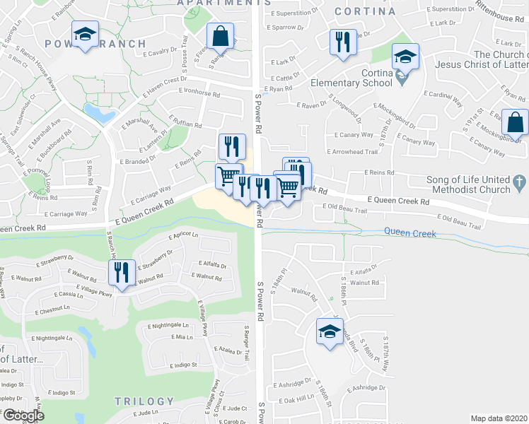 map of restaurants, bars, coffee shops, grocery stores, and more near 8495 South Power Road in Queen Creek