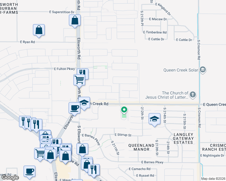 map of restaurants, bars, coffee shops, grocery stores, and more near 21000 East Carriage Way in Queen Creek