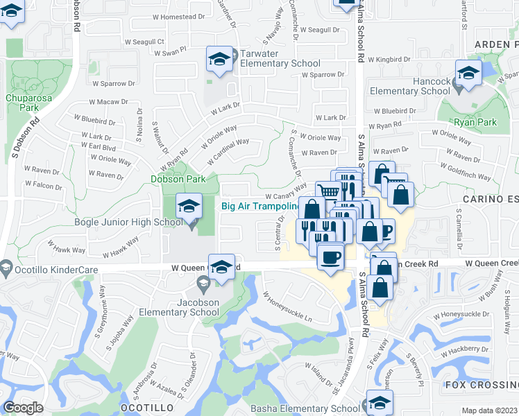 map of restaurants, bars, coffee shops, grocery stores, and more near 1362 West Roadrunner Drive in Chandler