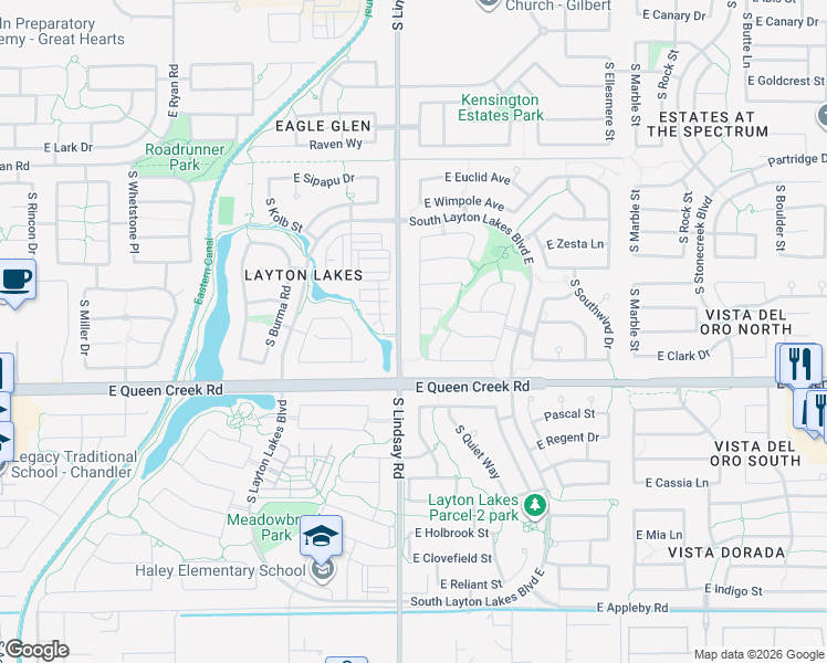 map of restaurants, bars, coffee shops, grocery stores, and more near 4664 South Twinleaf Drive in Gilbert