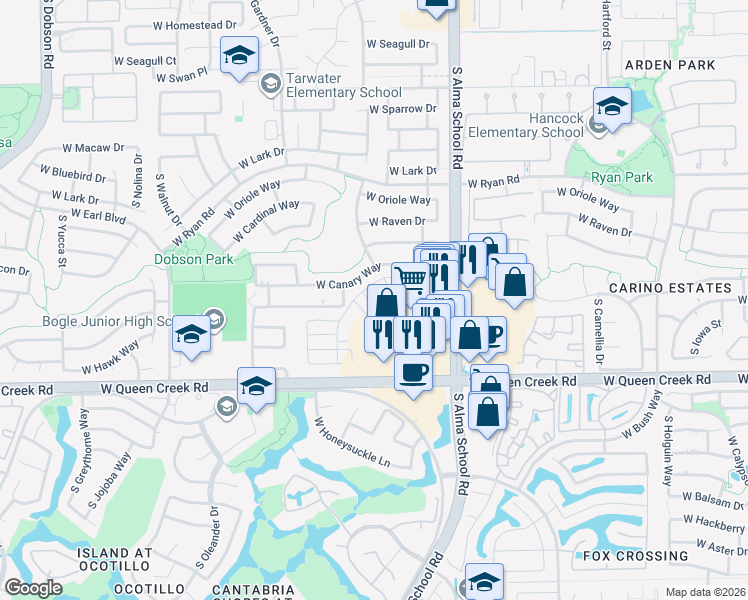 map of restaurants, bars, coffee shops, grocery stores, and more near 1241 West Canary Way in Chandler