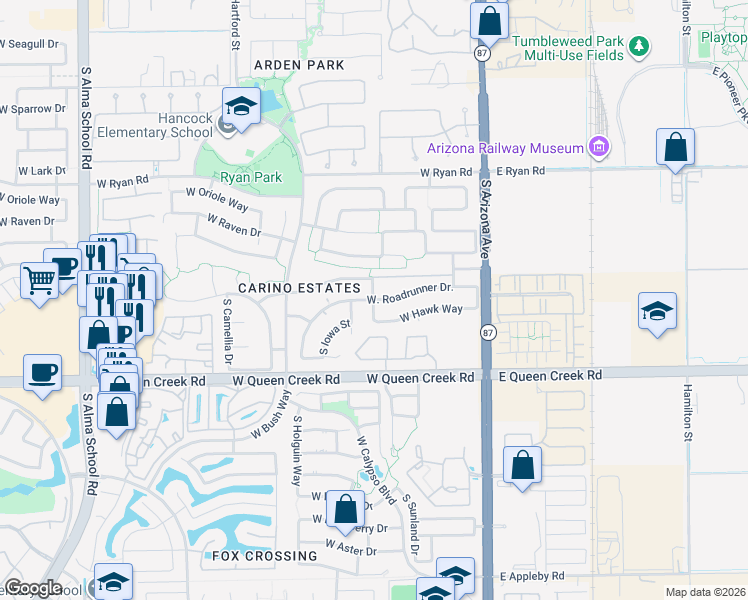 map of restaurants, bars, coffee shops, grocery stores, and more near 2751 South Nebraska Street in Chandler
