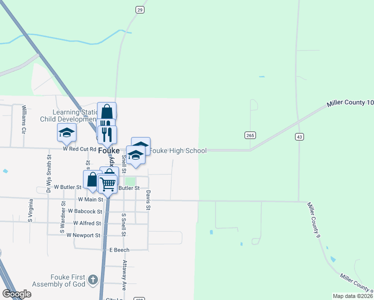 map of restaurants, bars, coffee shops, grocery stores, and more near 600-616 East Redcut Road in Fouke