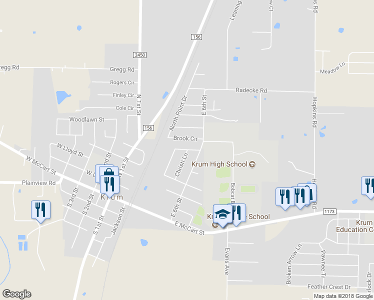 map of restaurants, bars, coffee shops, grocery stores, and more near 175 Christi Lane in Krum