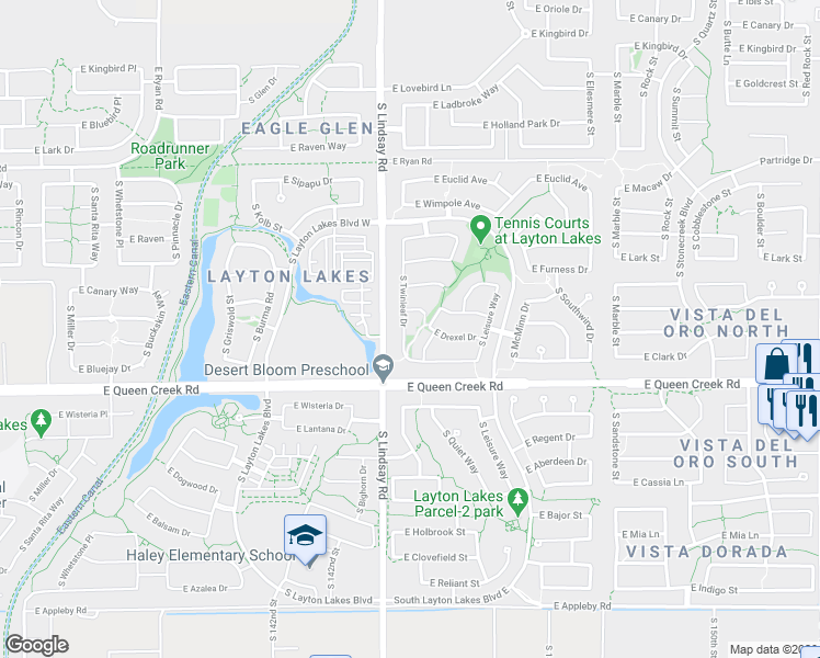 map of restaurants, bars, coffee shops, grocery stores, and more near 872 East Rojo Court in Gilbert