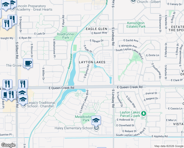 map of restaurants, bars, coffee shops, grocery stores, and more near 4667 South Burma Road in Gilbert