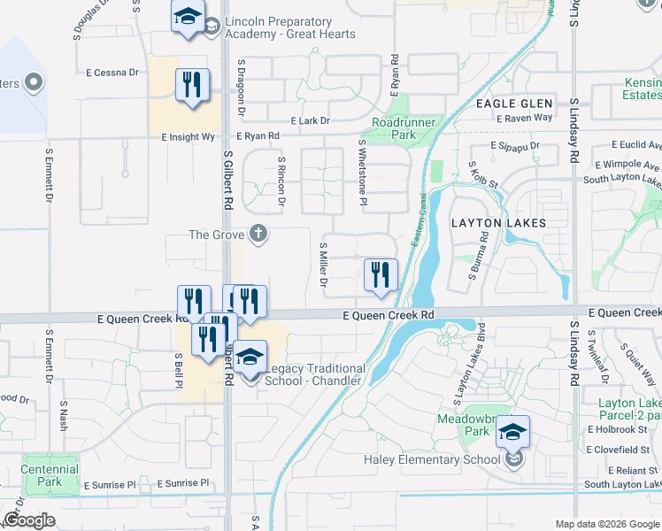 map of restaurants, bars, coffee shops, grocery stores, and more near 3282 East Roadrunner Drive in Chandler