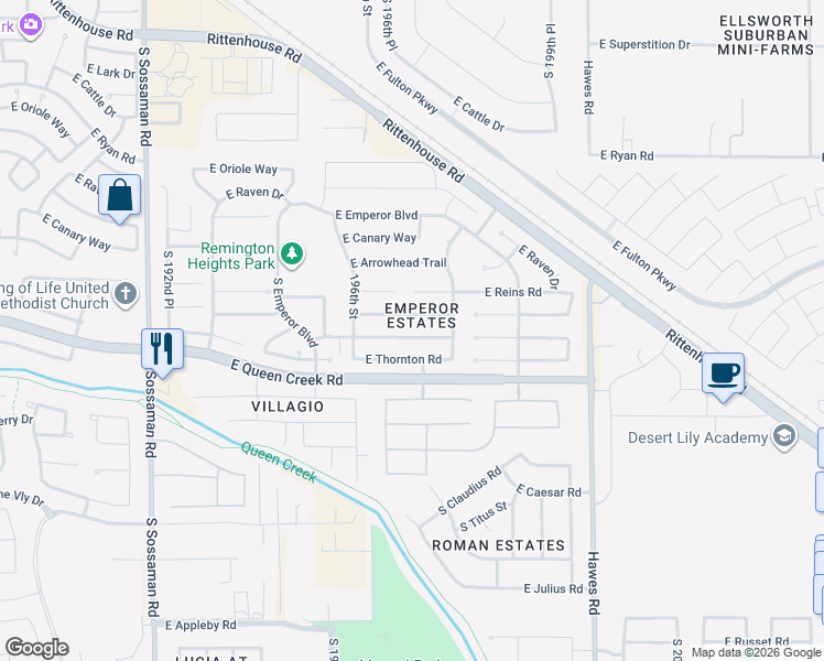 map of restaurants, bars, coffee shops, grocery stores, and more near 19742 East Carriage Way in Queen Creek