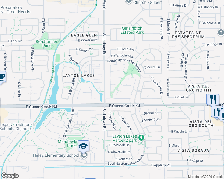 map of restaurants, bars, coffee shops, grocery stores, and more near 4699 South Twinleaf Drive in Gilbert