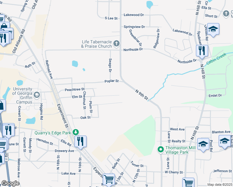 map of restaurants, bars, coffee shops, grocery stores, and more near 115 Elm Street in Griffin