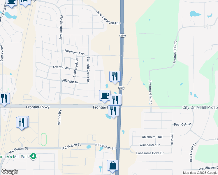 map of restaurants, bars, coffee shops, grocery stores, and more near 4465 South Preston Road in Prosper
