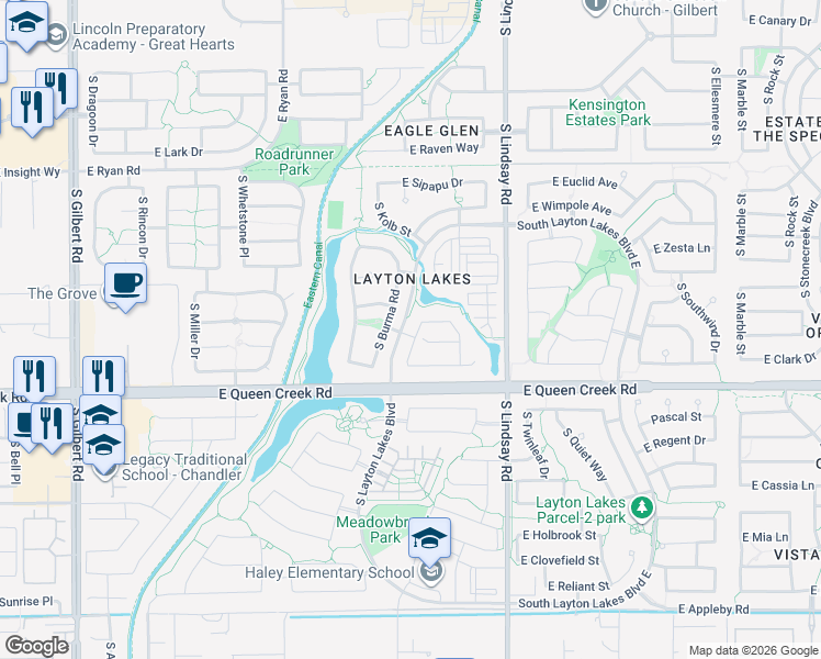 map of restaurants, bars, coffee shops, grocery stores, and more near 4667 South Burma Road in Gilbert