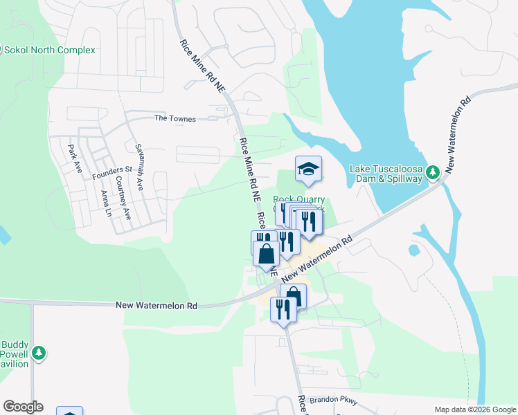 map of restaurants, bars, coffee shops, grocery stores, and more near 4964 Rice Mine Road Northeast in Tuscaloosa
