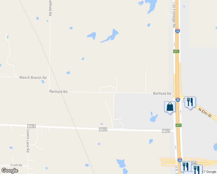 map of restaurants, bars, coffee shops, grocery stores, and more near 5100 Barthold Road in Denton