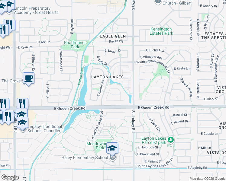 map of restaurants, bars, coffee shops, grocery stores, and more near 670 East Rojo Way in Gilbert