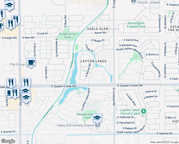 map of restaurants, bars, coffee shops, grocery stores, and more near 4667 South Burma Road in Gilbert
