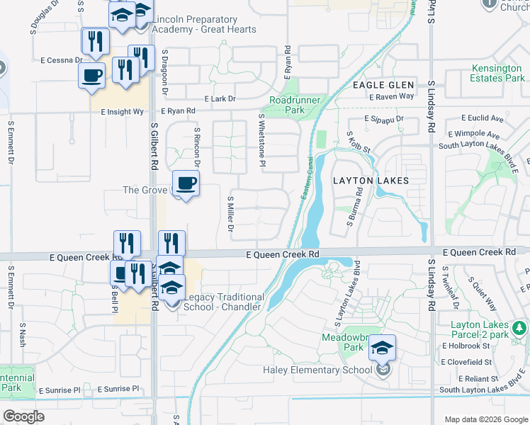 map of restaurants, bars, coffee shops, grocery stores, and more near 3352 East Roadrunner Drive in Chandler