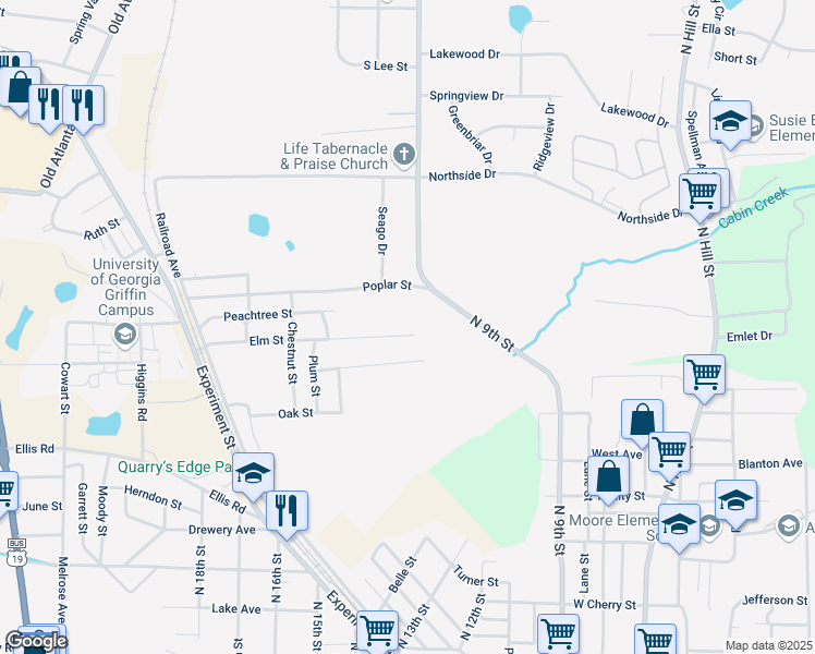 map of restaurants, bars, coffee shops, grocery stores, and more near 115 Elm Street in Griffin