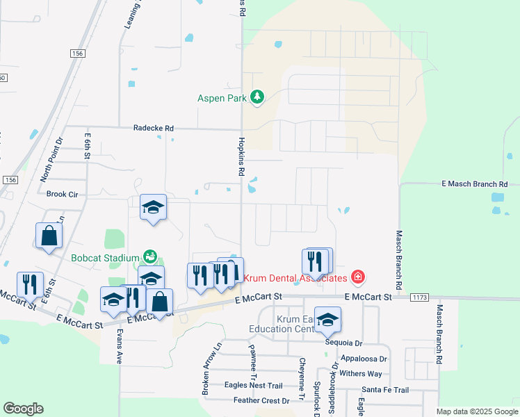 map of restaurants, bars, coffee shops, grocery stores, and more near 1307 Fox Hollow Road in Krum