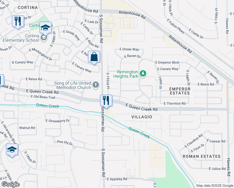 map of restaurants, bars, coffee shops, grocery stores, and more near 19286 East Thornton Road in Queen Creek