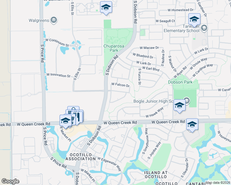 map of restaurants, bars, coffee shops, grocery stores, and more near 1965 West Mockingbird Drive in Chandler