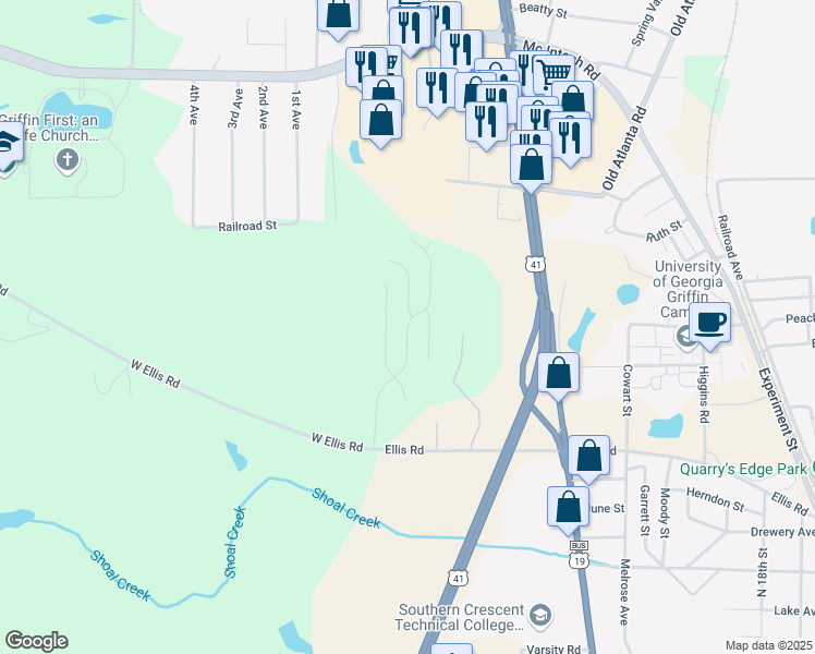 map of restaurants, bars, coffee shops, grocery stores, and more near 122 Crystal Brook in Griffin