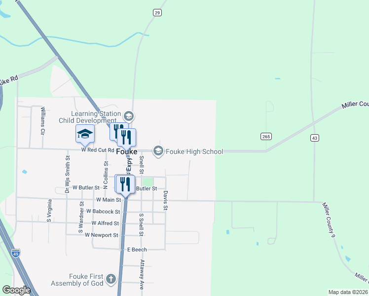 map of restaurants, bars, coffee shops, grocery stores, and more near 600-616 East Redcut Road in Fouke
