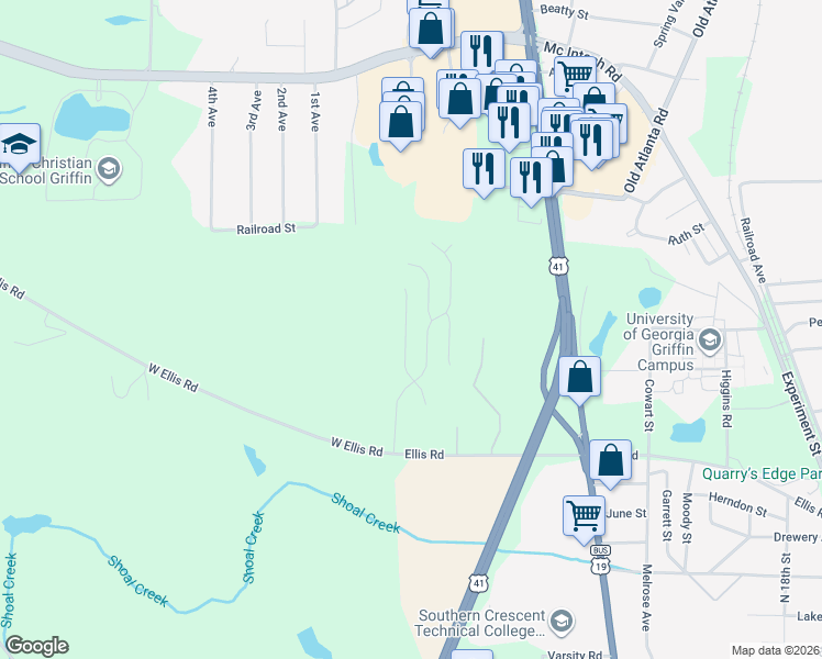 map of restaurants, bars, coffee shops, grocery stores, and more near 101 Tuscany Lane in Griffin