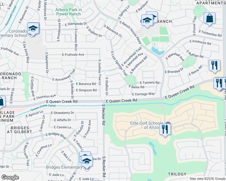 map of restaurants, bars, coffee shops, grocery stores, and more near 4054 East Reins Road in Gilbert
