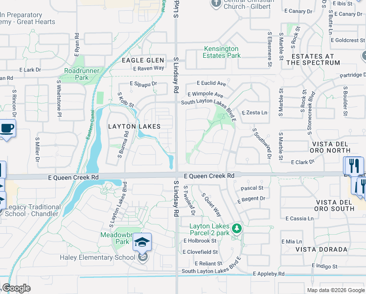 map of restaurants, bars, coffee shops, grocery stores, and more near 4664 South Twinleaf Drive in Gilbert